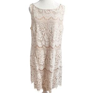 NWOT Jessica Howard Cream Floral Lace Sleeveless Shift Dress Tan Lining Size 16
